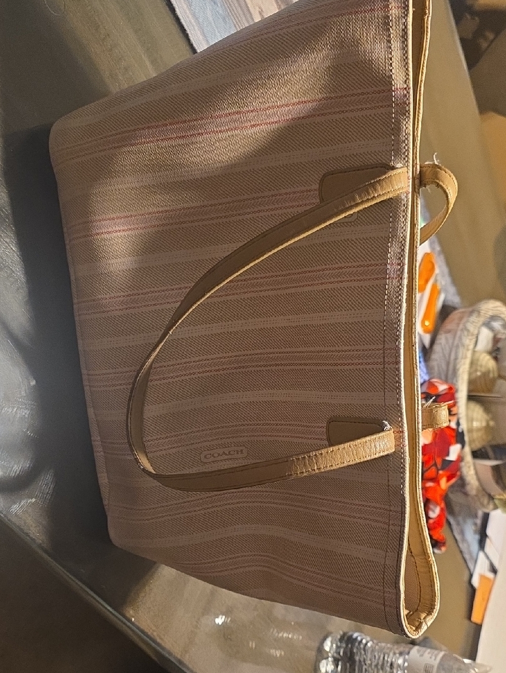 Coach Beige and Pink Striped Tote with Tan Leather Trim